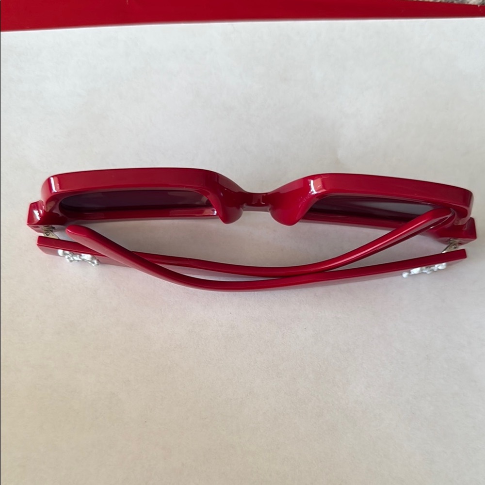 Bold Red Rectangular Sunglasses With Dark Lenses - image 4